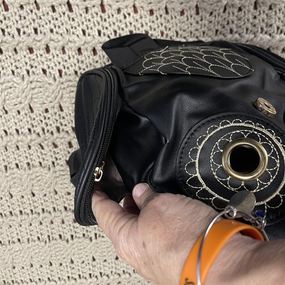 Owl Backpack Black Faux Leather Embroidered Eyes Side Zipper Pockets Cute‎ Bag - Picture 8 of 16